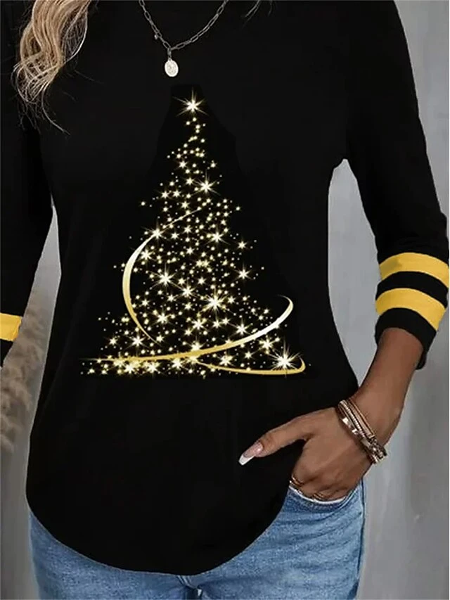 Women's T Shirt Tee Christmas Shirt Black Christmas Tree Print Long Sleeve Party Christmas Weekend Basic Print Christmas Round Neck Regular Fit Painting Spring &Fall 5 Women's T Shirt Tee Christmas Shirt Black Christmas Tree Print Long Sleeve Party Christmas Weekend Basic Print Christmas Round Neck Regular Fit Painting Spring &Fall - Image 3