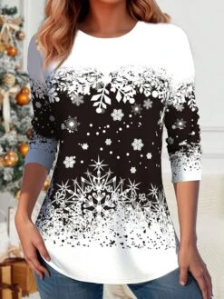 Women's Christmas Shirt Black Snowflake Print Long Sleeve Christmas Weekend Festival / Holiday Round Neck Regular Fit Floral Painting Spring &Fall