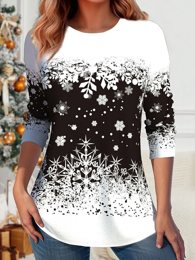 Women's Christmas Shirt Black Snowflake Print Long Sleeve Christmas Weekend Festival / Holiday Round Neck Regular Fit Floral Painting Spring &Fall 3 Women's Christmas Shirt Black Snowflake Print Long Sleeve Christmas Weekend Festival / Holiday Round Neck Regular Fit Floral Painting Spring &Fall