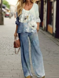 Women's Pants Sets Blue Floral Print Long Sleeve Party Festival Christmas Round Neck Regular Fit Spring &Fall