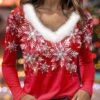 Women's Shirt Blouse Christmas Shirt Pink Red Blue Snowflake Print Long Sleeve Party Christmas Casual Festival / Holiday Fur Collar V Neck Regular Fit Fall & Winter -Cheap Women Clothing Store tcnwir1695639253333