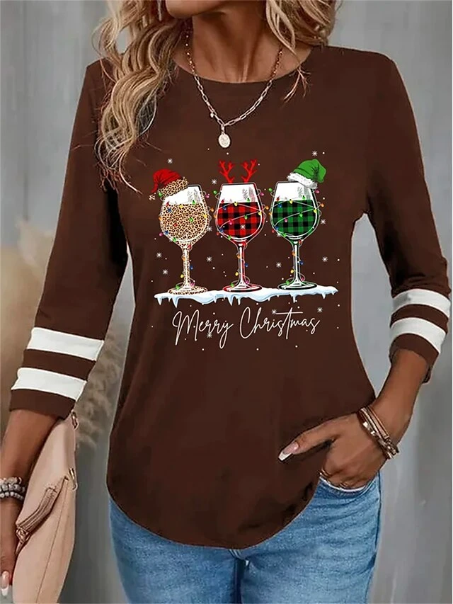 Women's T Shirt Tee Christmas Shirt Black Red Blue Leopard Plaid Wine Glass Print Long Sleeve Party Christmas Weekend Festival / Holiday Round Neck Regular Fit Painting Spring &Fall 5 Women's T Shirt Tee Christmas Shirt Black Red Blue Leopard Plaid Wine Glass Print Long Sleeve Party Christmas Weekend Festival / Holiday Round Neck Regular Fit Painting Spring &Fall - Image 3