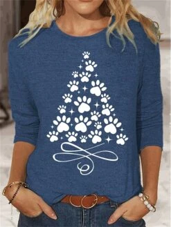 Women's T Shirt Tee Christmas Shirt Black Red Blue Christmas Tree Print Long Sleeve Party Christmas Weekend Festival / Holiday Round Neck Regular Fit Painting Spring &Fall