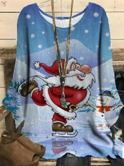 Women‘s Plus Size Christmas Tops Blouse Shirt Santa Claus Snowman Print Long Sleeve Crewneck Casual Daily Polyester Winter Fall Green Blue