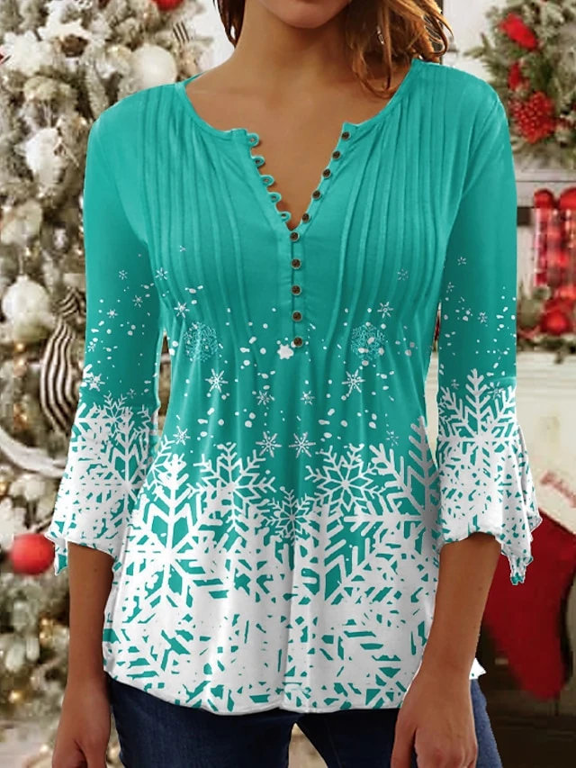 Women's Shirt Blouse Christmas Shirt Denim Blue Grass Green Black Snowflake Button Print 3/4 Length Sleeve Christmas Streetwear Casual Round Neck Regular Fit 14 Women's Shirt Blouse Christmas Shirt Denim Blue Grass Green Black Snowflake Button Print 3/4 Length Sleeve Christmas Streetwear Casual Round Neck Regular Fit - Image 12