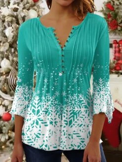 Women's Shirt Christmas Shirt Black Light Green Red Snowflake Button Print 3/4 Length Sleeve Christmas Weekend Streetwear Casual Print Round Neck Regular Fit -Cheap Women Clothing Store temkis1664784865181