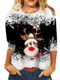 Women's T Shirt Tee Christmas Shirt Black Red Blue Snowflake Reindeer Print Long Sleeve Christmas Weekend Basic Christmas Round Neck Regular Fit Painting -Cheap Women Clothing Store tepwhk1666751881255