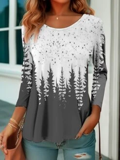 Women's T Shirt Tee Christmas Shirt Red Blue Purple Plants Print Long Sleeve Party Christmas Weekend Festival / Holiday Christmas Round Neck Regular Fit Floral Painting Spring &Fall -Cheap Women Clothing Store teuyuz1694746509848