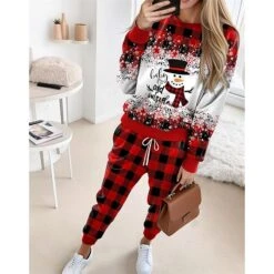 Women's Sweatshirt Tracksuit Pants Sets Red Graphic Plaid Drawstring Print Long Sleeve Outdoor Casual Sports Christmas Round Neck Regular Fit Spring &Fall