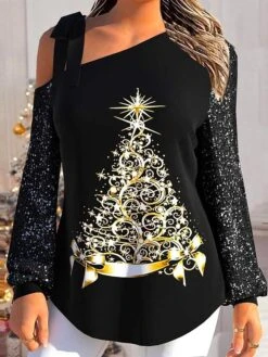 Women's Blouse Christmas Shirt Black Christmas Tree Sparkly Print Long Sleeve Party Christmas Casual Fashion One Shoulder Regular Fit Spring &Fall