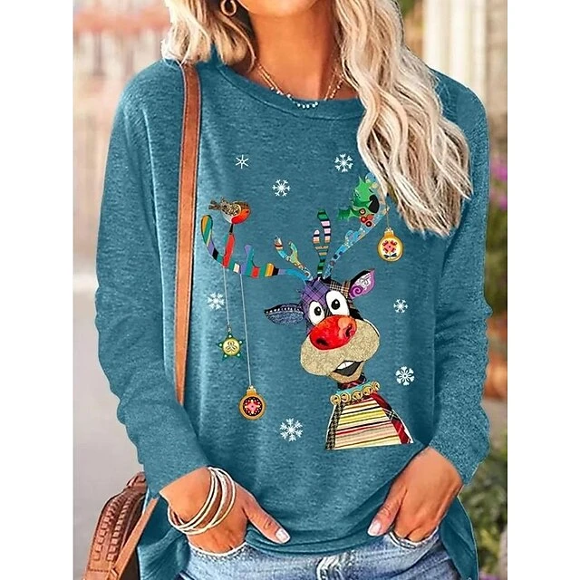 Women's T Shirt Tee Christmas Shirt Malachite Green Black Blue Reindeer Print Long Sleeve Christmas Weekend Basic Christmas Round Neck Regular Fit Painting 7 Women's T Shirt Tee Christmas Shirt Malachite Green Black Blue Reindeer Print Long Sleeve Christmas Weekend Basic Christmas Round Neck Regular Fit Painting - Image 5