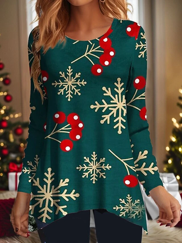 Women's T Shirt Tee Christmas Shirt Red Green Snowflake Flowing Tunic Print Long Sleeve Christmas Weekend Festival / Holiday Print Christmas Round Neck Regular Fit Painting Spring &Fall 4 Women's T Shirt Tee Christmas Shirt Red Green Snowflake Flowing Tunic Print Long Sleeve Christmas Weekend Festival / Holiday Print Christmas Round Neck Regular Fit Painting Spring &Fall - Image 2