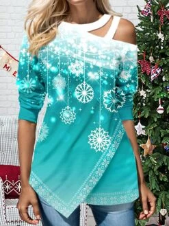 Women's Shirt Blouse Pink Red Blue Snowflake Cut Out Asymmetric Print Long Sleeve Christmas Casual Festival / Holiday Round Neck Regular Fit Spring &Fall
