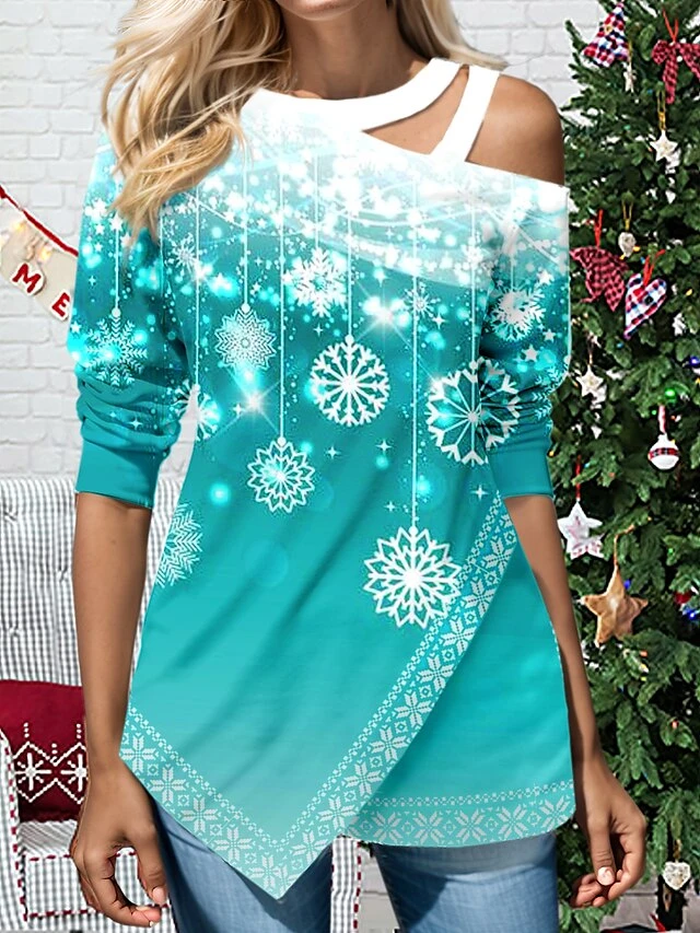 Women's Shirt Blouse Pink Red Blue Snowflake Cut Out Asymmetric Print Long Sleeve Christmas Casual Festival / Holiday Round Neck Regular Fit Spring &Fall 3 Women's Shirt Blouse Pink Red Blue Snowflake Cut Out Asymmetric Print Long Sleeve Christmas Casual Festival / Holiday Round Neck Regular Fit Spring &Fall