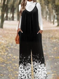 Women's Jumpsuit Pocket Print Snowflake U Neck Casual Christmas Daily Xmas Straight Regular Fit Spaghetti Strap Black White Pink S M L All Seasons -Cheap Women Clothing Store thbqah1695281559518
