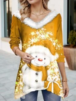 Women's T Shirt Tee Christmas Shirt Black Yellow Pink Snowman Print Long Sleeve Party Christmas Weekend Festival / Holiday Fur Collar Regular Fit Spring &Fall -Cheap Women Clothing Store thpvrf1697540162881