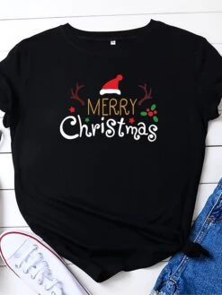 Women's T Shirt Tee Christmas Shirt 100% Cotton Black Red Brown Leopard Christmas Tree Reindeer Print Short Sleeve Christmas Gift Casual Basic Christmas Round Neck Regular Fit Painting