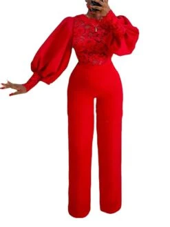 Women's Jumpsuit Flower Lace Solid Color Crew Neck Formal Birthday Party Christmas Evening Straight Regular Fit Long Sleeve Bishop Sleeve Red S M L Fall Cold Weather -Cheap Women Clothing Store tizqim1631935527285
