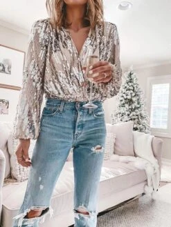 Women's Shirt Blouse Silver White Blue Sparkly Sequins Long Sleeve Party Christmas Fashion V Neck Regular Fit Lantern Sleeve Spring &Fall -Cheap Women Clothing Store tjnkts1697193535850