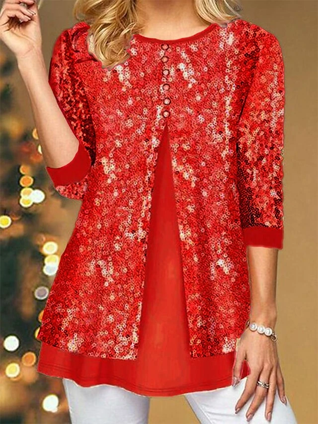 Women's Blouse Christmas Shirt Black Red Blue Sparkly Sequins Long Sleeve Party Christmas Casual Festival / Holiday Round Neck Regular Fit Spring &Fall 4 Women's Blouse Christmas Shirt Black Red Blue Sparkly Sequins Long Sleeve Party Christmas Casual Festival / Holiday Round Neck Regular Fit Spring &Fall - Image 2