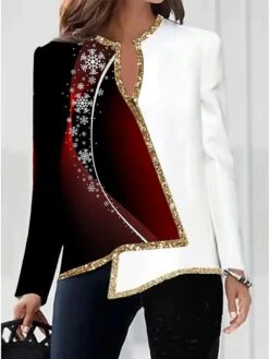 Women's Shirt Christmas Shirt White Wine Red Floral Snowflake Deer Asymmetric Print Long Sleeve Christmas Casual Basic Print V Neck Regular Fit Floral -Cheap Women Clothing Store tkkzym1664587291322