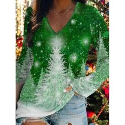 Women's T Shirt Tee Christmas Shirt Black Pink Wine Christmas Tree Print Long Sleeve Christmas Weekend Basic Print Christmas V Neck Regular Fit Painting Fall & Winter -Cheap Women Clothing Store tkzjql1666084735058