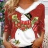 Women's T Shirt Tee Christmas Shirt Wine Snowman Print Long Sleeve Party Christmas Weekend Festival / Holiday Christmas Fur Collar V Neck Regular Fit Painting Spring &Fall -Cheap Women Clothing Store tlcmcc1694601644016