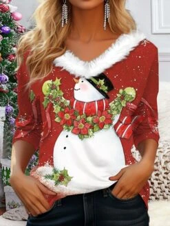 Women's T Shirt Tee Christmas Shirt Wine Snowman Print Long Sleeve Party Christmas Weekend Festival / Holiday Christmas Fur Collar V Neck Regular Fit Painting Spring &Fall