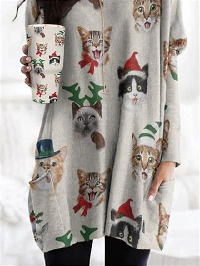 Women's Shirt Christmas Shirt Red Blue Green Cat Santa Claus Snowflake Pocket Print Long Sleeve Christmas Weekend Streetwear Christmas Round Neck Regular Fit Spring Fall 14 Women's Shirt Christmas Shirt Red Blue Green Cat Santa Claus Snowflake Pocket Print Long Sleeve Christmas Weekend Streetwear Christmas Round Neck Regular Fit Spring Fall - Image 12