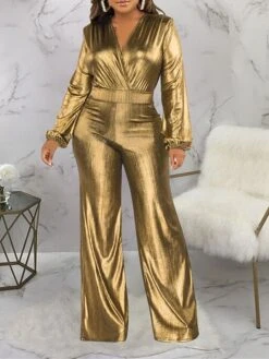 Women's Jumpsuit High Christmas Waist Solid Color V Neck Streetwear Party Xmas Street Regular Fit Long Sleeve Gold Green S M L Fall -Cheap Women Clothing Store tmjmwt1695281836469