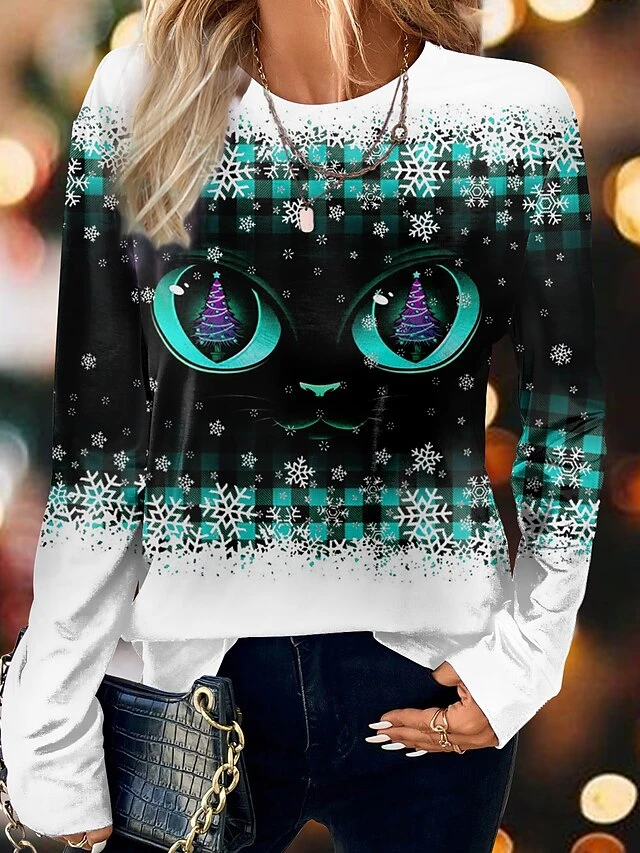 Women's T Shirt Tee Christmas Shirt Blue Purple Orange Plaid Christmas Tree Snowflake Print Long Sleeve Christmas Weekend Festival / Holiday Round Neck Regular Fit Painting Spring &Fall 5 Women's T Shirt Tee Christmas Shirt Blue Purple Orange Plaid Christmas Tree Snowflake Print Long Sleeve Christmas Weekend Festival / Holiday Round Neck Regular Fit Painting Spring &Fall - Image 3