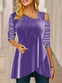 Women's Shirt Blouse Yellow Royal Blue Purple Graphic Sparkly Asymmetric Print Long Sleeve Party Christmas New Year Metallic Basic One Shoulder Regular Fit Spring Fall -Cheap Women Clothing Store tnagdq1668420891541
