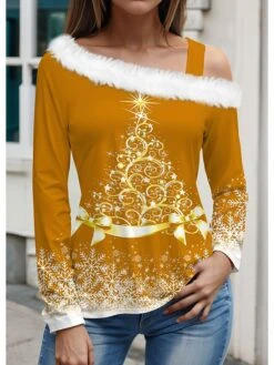 Women's T Shirt Tee Christmas Shirt Black Yellow Red Christmas Tree Snowflake Print Long Sleeve Christmas Weekend Festival / Holiday Diagonal Neck Regular Fit Painting Spring &Fall -Cheap Women Clothing Store tnbbko1695801839269