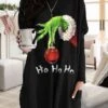 Women's T Shirt Tee Christmas Shirt Black Green Graphic Text Grinch Pocket Print Long Sleeve Christmas Weekend Basic Christmas Round Neck Regular Fit Painting Fall & Winter -Cheap Women Clothing Store tnhsbt1665737018418