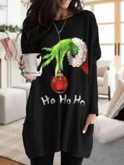 Women's T Shirt Tee Christmas Shirt Black Green Graphic Text Grinch Pocket Print Long Sleeve Christmas Weekend Basic Christmas Round Neck Regular Fit Painting Fall & Winter