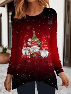 Women's T Shirt Tee Christmas Shirt Yellow Red Blue Santa's Helper Flowing Tunic Print Long Sleeve Christmas Weekend Festival / Holiday Round Neck Regular Fit Painting Spring &Fall