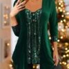 Women's Blouse Christmas Shirt Green Sparkly Button Asymmetric Print Long Sleeve Party Christmas Casual Festival / Holiday V Neck Regular Fit Spring &Fall