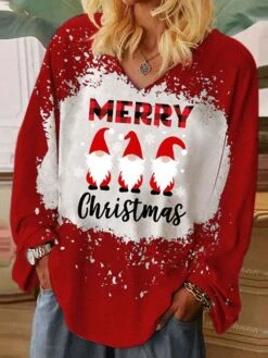 Women's T Shirt Tee Christmas Shirt Wine Red Graphic Santa's Helper Print Long Sleeve Christmas Weekend Basic Christmas V Neck Regular Fit Painting