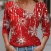 Women's T Shirt Tee Christmas Shirt Black Red Blue Snowflake Button Print Long Sleeve Christmas Weekend Festival / Holiday V Neck Regular Fit Painting Spring &Fall -Cheap Women Clothing Store tsbfqr1695727090525