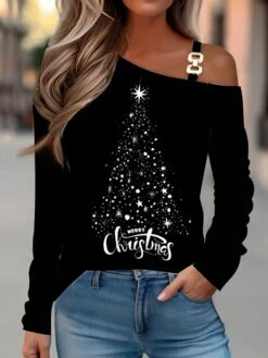 Women's T Shirt Tee Black Red Blue Christmas Tree Print Long Sleeve Party Christmas Weekend Fashion Diagonal Neck Regular Fit Painting Spring &Fall