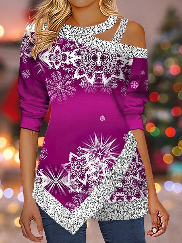 Women's Shirt Christmas Shirt Black White Pink Sparkly Snowflake Cut Out Asymmetric Print Long Sleeve Party Christmas Weekend Streetwear Metallic Casual Round Neck Regular Fit Spring Fall 9 Women's Shirt Christmas Shirt Black White Pink Sparkly Snowflake Cut Out Asymmetric Print Long Sleeve Party Christmas Weekend Streetwear Metallic Casual Round Neck Regular Fit Spring Fall - Image 7