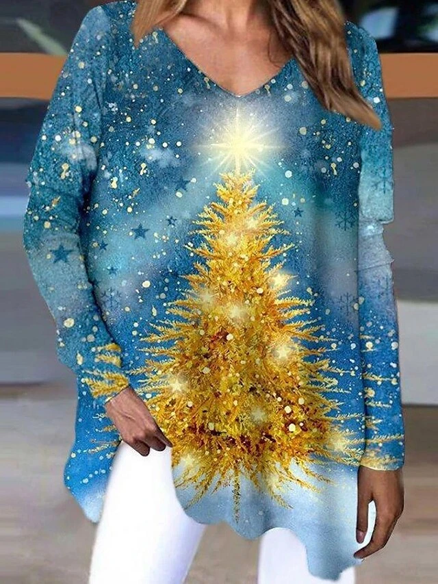 Women's T Shirt Tee Christmas Shirt Black Blue Christmas Tree Snowflake Reindeer Print Long Sleeve Christmas Weekend Basic Christmas Round Neck V Neck Regular Fit Painting 4 Women's T Shirt Tee Christmas Shirt Black Blue Christmas Tree Snowflake Reindeer Print Long Sleeve Christmas Weekend Basic Christmas Round Neck V Neck Regular Fit Painting - Image 2