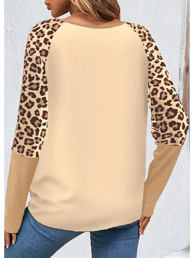 Women's T Shirt Tee Christmas Shirt Khaki Leopard Letter Button Print Long Sleeve Christmas Weekend Festival / Holiday Round Neck Regular Fit Painting Spring &Fall 5 Women's T Shirt Tee Christmas Shirt Khaki Leopard Letter Button Print Long Sleeve Christmas Weekend Festival / Holiday Round Neck Regular Fit Painting Spring &Fall - Image 3