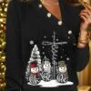 Women's T Shirt Tee Christmas Shirt Black Snowman Button Print Long Sleeve Christmas Weekend Festival / Holiday Christmas V Neck Regular Fit Painting Spring &Fall -Cheap Women Clothing Store tvtujp1695120480305