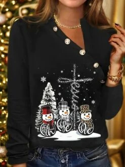 Women's T Shirt Tee Christmas Shirt Black Snowman Button Print Long Sleeve Christmas Weekend Festival / Holiday Christmas V Neck Regular Fit Painting Spring &Fall