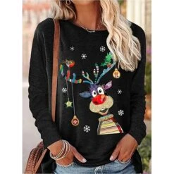 Women's T Shirt Tee Christmas Shirt Malachite Green Black Blue Reindeer Print Long Sleeve Christmas Weekend Basic Christmas Round Neck Regular Fit Painting