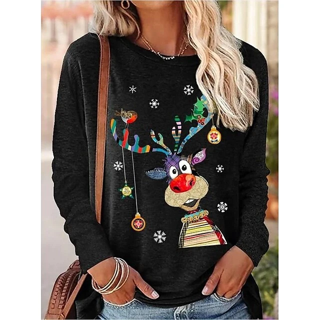 Women's T Shirt Tee Christmas Shirt Malachite Green Black Blue Reindeer Print Long Sleeve Christmas Weekend Basic Christmas Round Neck Regular Fit Painting 3 Women's T Shirt Tee Christmas Shirt Malachite Green Black Blue Reindeer Print Long Sleeve Christmas Weekend Basic Christmas Round Neck Regular Fit Painting