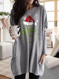 Women's T Shirt Tee Christmas Shirt Black Gray Graphic Text Snowflake Pocket Print Long Sleeve Christmas Weekend Basic Christmas Round Neck Regular Fit Painting -Cheap Women Clothing Store tvydvv1665737017651