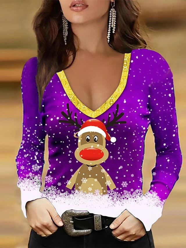 Women's T Shirt Tee Christmas Shirt Black Red Blue Snowflake Reindeer Print Long Sleeve Party Christmas Weekend Festival / Holiday V Neck Regular Fit Painting Spring &Fall 7 Women's T Shirt Tee Christmas Shirt Black Red Blue Snowflake Reindeer Print Long Sleeve Party Christmas Weekend Festival / Holiday V Neck Regular Fit Painting Spring &Fall - Image 5