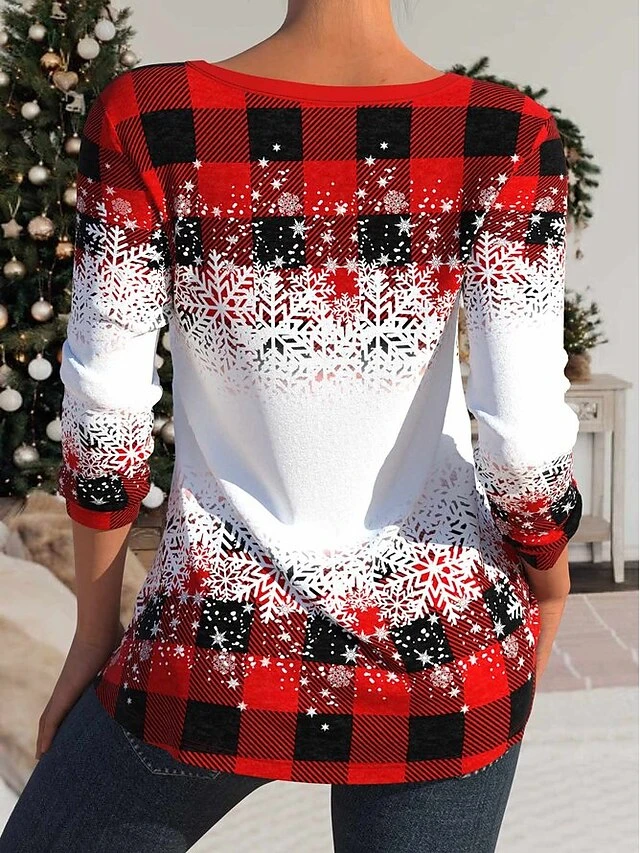 Women's T Shirt Tee Christmas Shirt Red Plaid Snowman Snowflake Print Long Sleeve Party Christmas Weekend Festival / Holiday Christmas V Neck Regular Fit Painting Spring &Fall 4 Women's T Shirt Tee Christmas Shirt Red Plaid Snowman Snowflake Print Long Sleeve Party Christmas Weekend Festival / Holiday Christmas V Neck Regular Fit Painting Spring &Fall - Image 2
